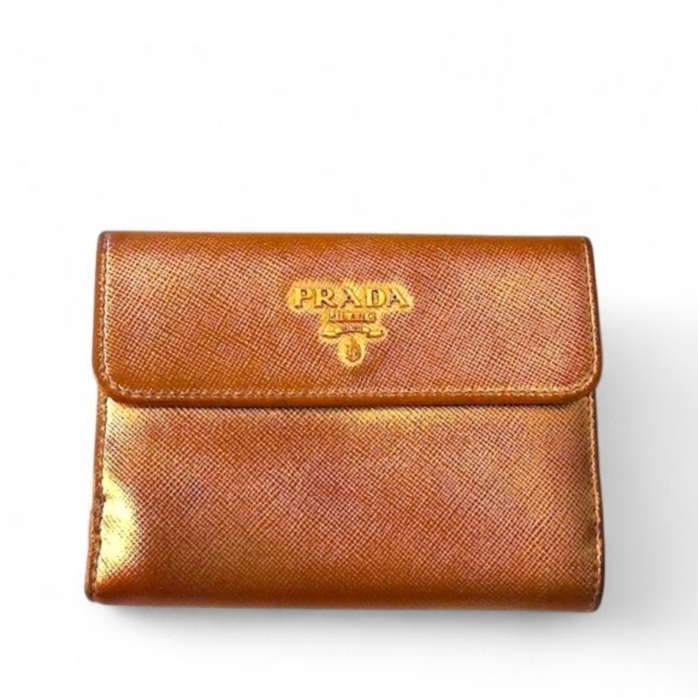 Prada Saffiano Leather Compact Wallet in Metallic Oro Gold with COA